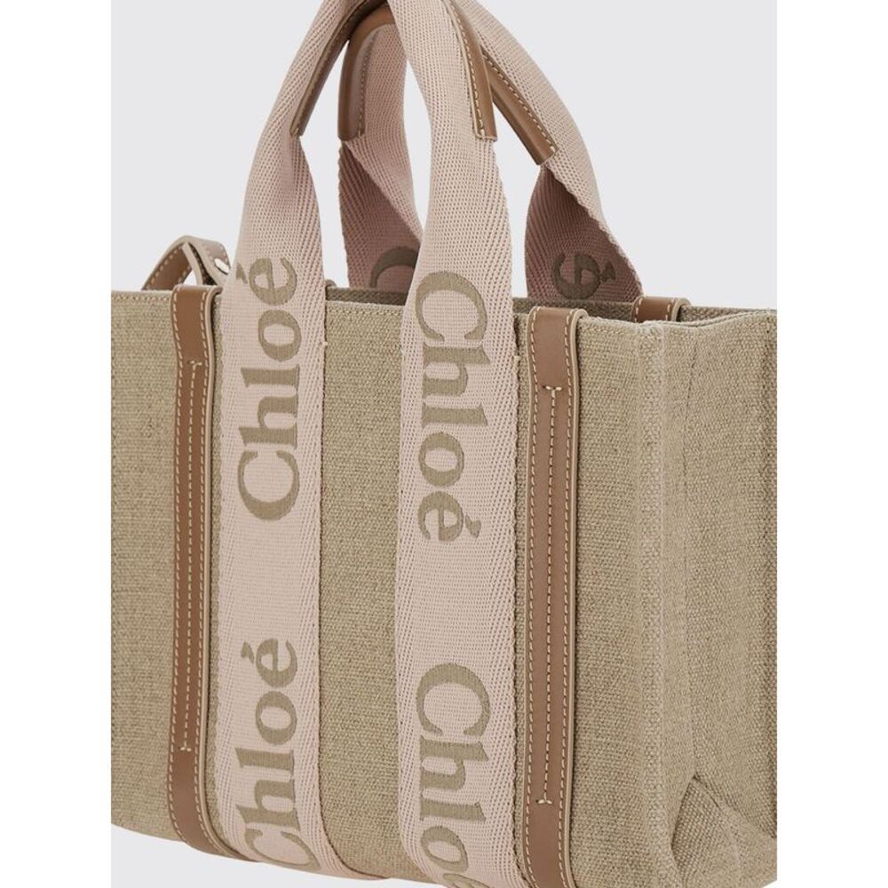 Chloe Women Small Woody Chloe Linen Canvas Tote Bag With Logo Ribbon Handles - Picture 3 of 3